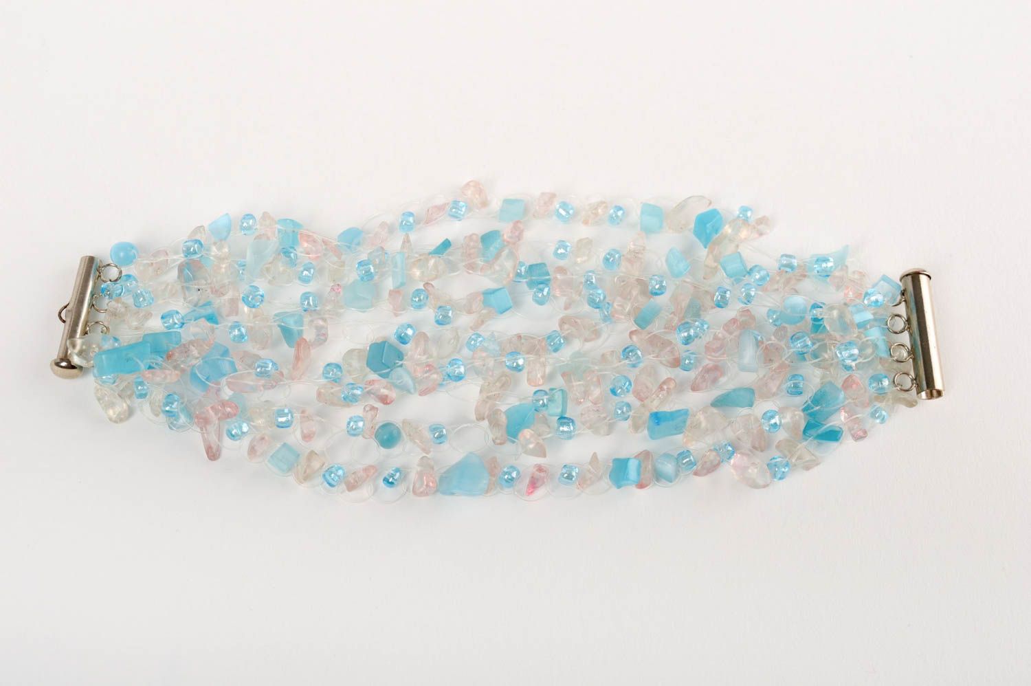 Handmade designer airy light blue wrist fashion bracelet with quartz and cat eye stone beads photo 2