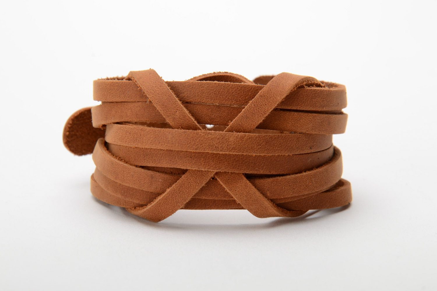 Handmade brown woven genuine leather wide bracelet  photo 3