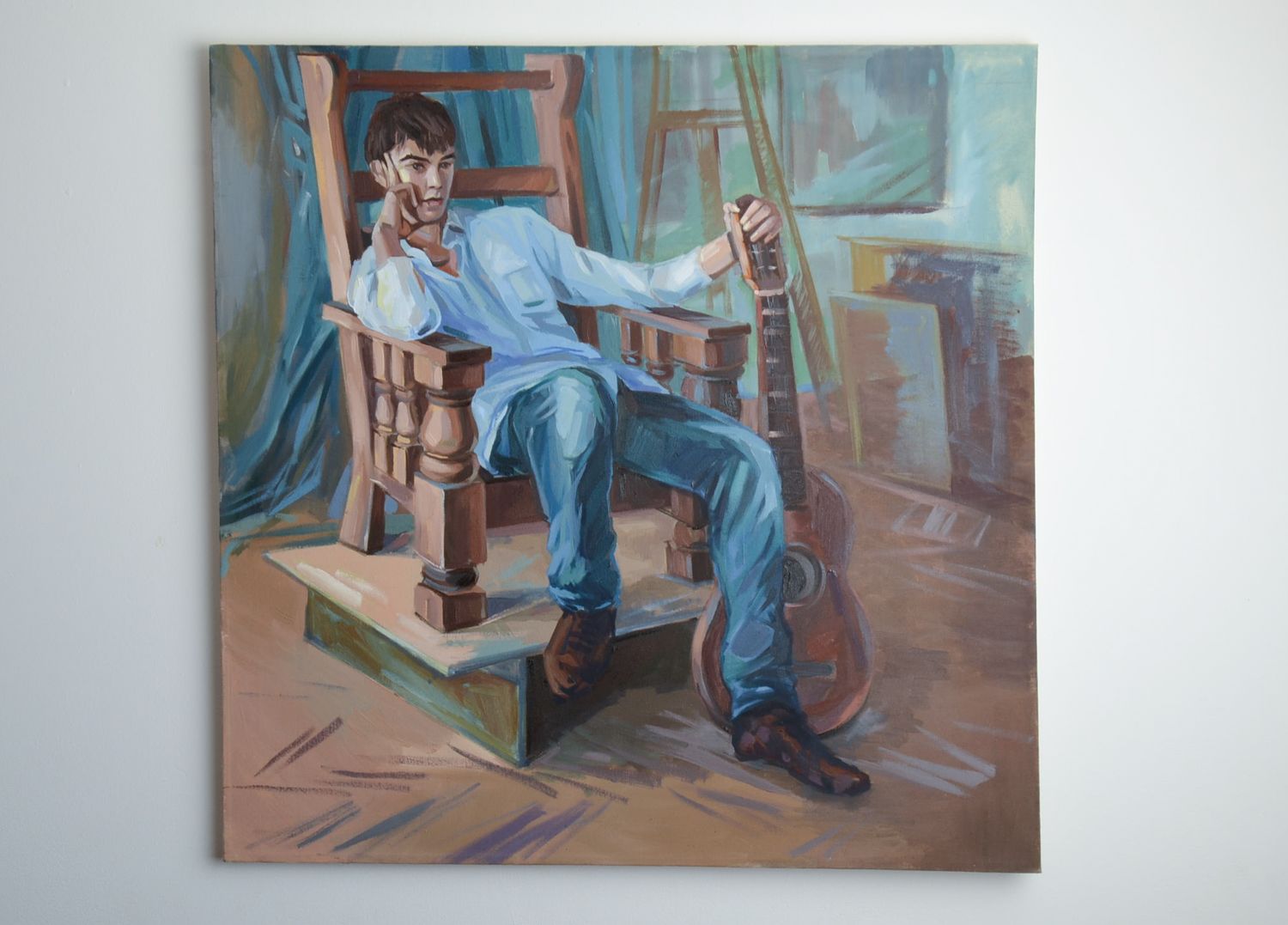 Tableau portrait à l'huile homme pensif sur toile carré original fait main photo 1