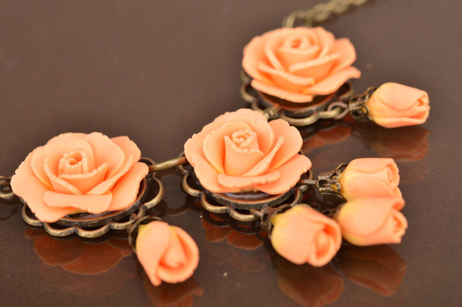 Handmade cute pendant made of polymer clay on chain with peach flowers photo 3