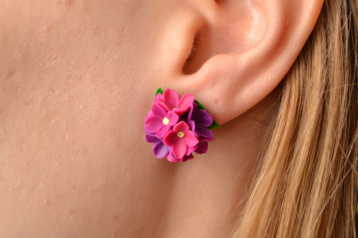 Handmade polymer clay lilac and violet floral stud earrings set of 2 pairs photo 2