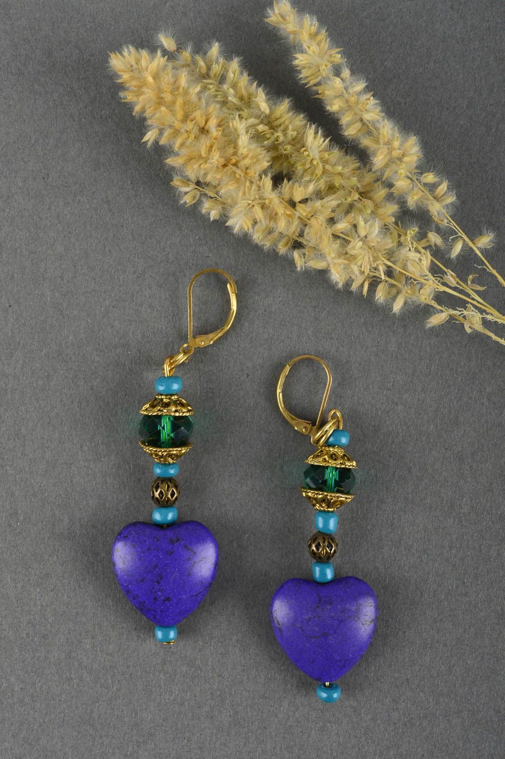 Unique unusual earrings handmade beaded accessories made of stones for present photo 1