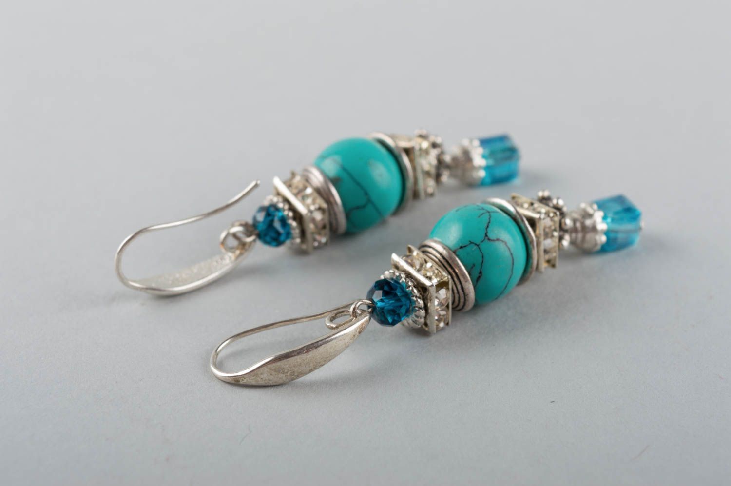 Elegant long handmade designer metal earrings with natural turquoise stone photo 4