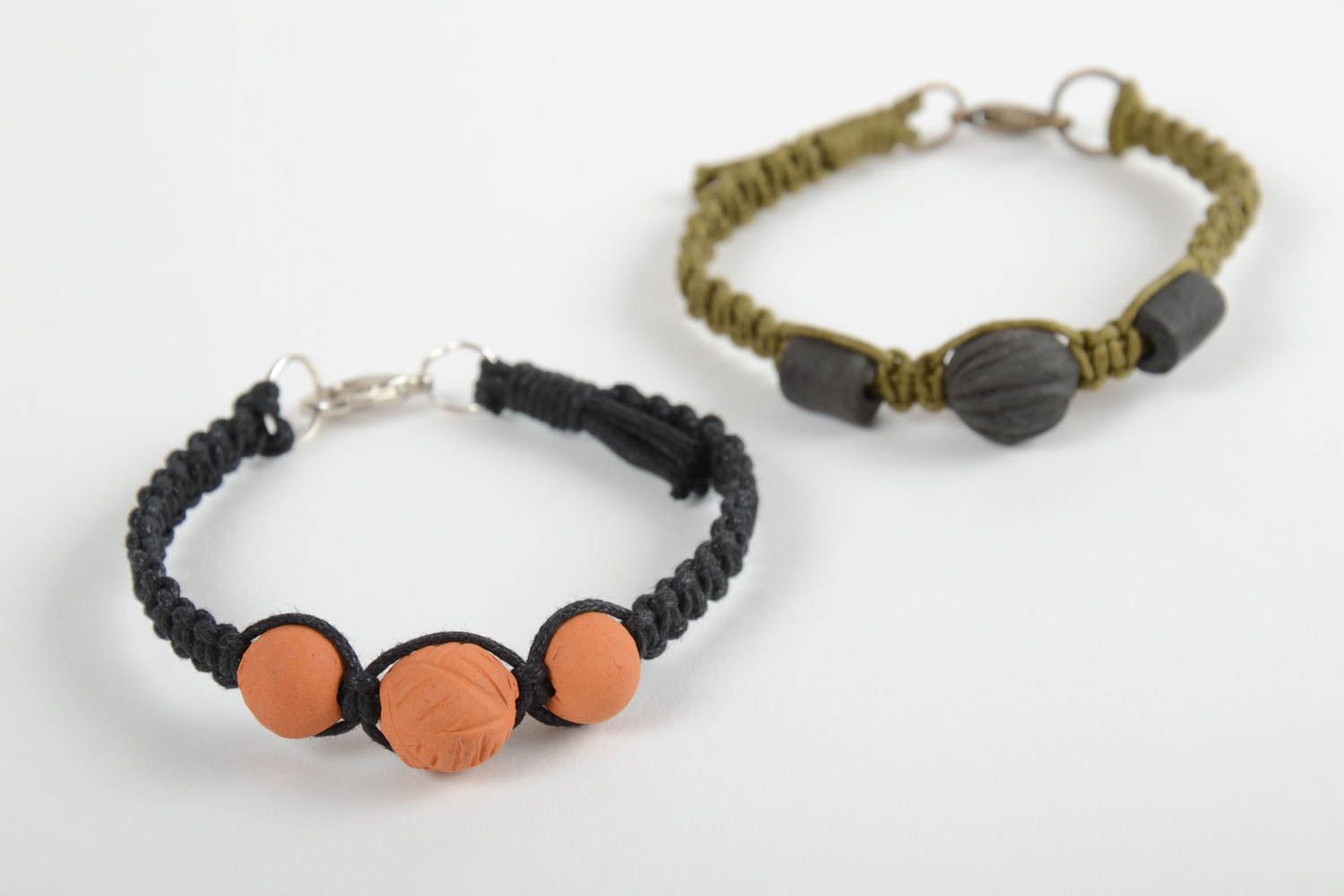 Set of 2 handmade braided cord bracelets with ceramic beads designer jewelry photo 1