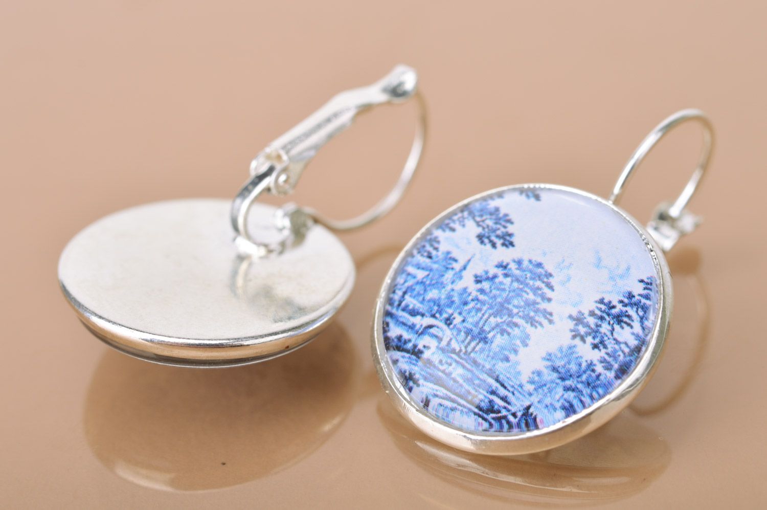 Handmade metal round dangle earrings with landscape print in white and blue colors photo 4