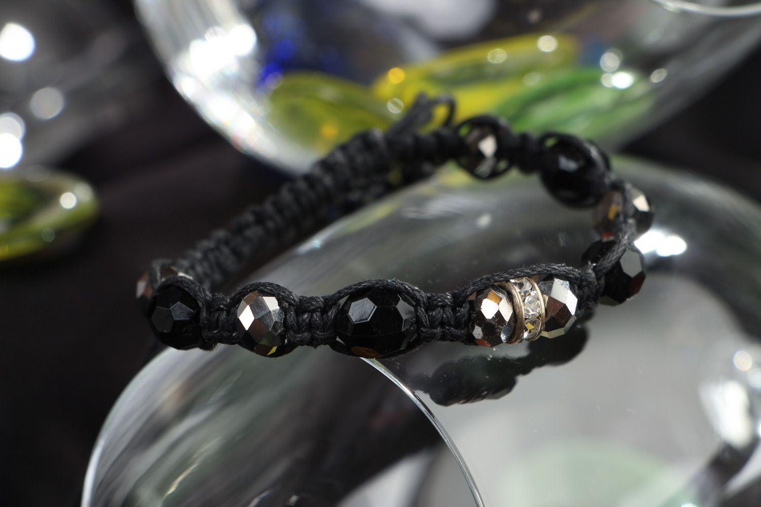 Handmade wrist bracelet woven of waxed cord with glass beads in dark color palette photo 4