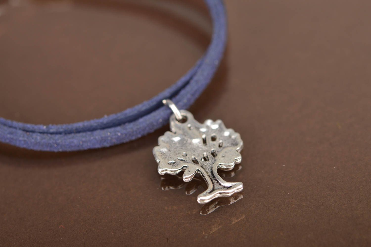 Handmade designer dark blue genuine leather wrist bracelet with metal charm Tree photo 5