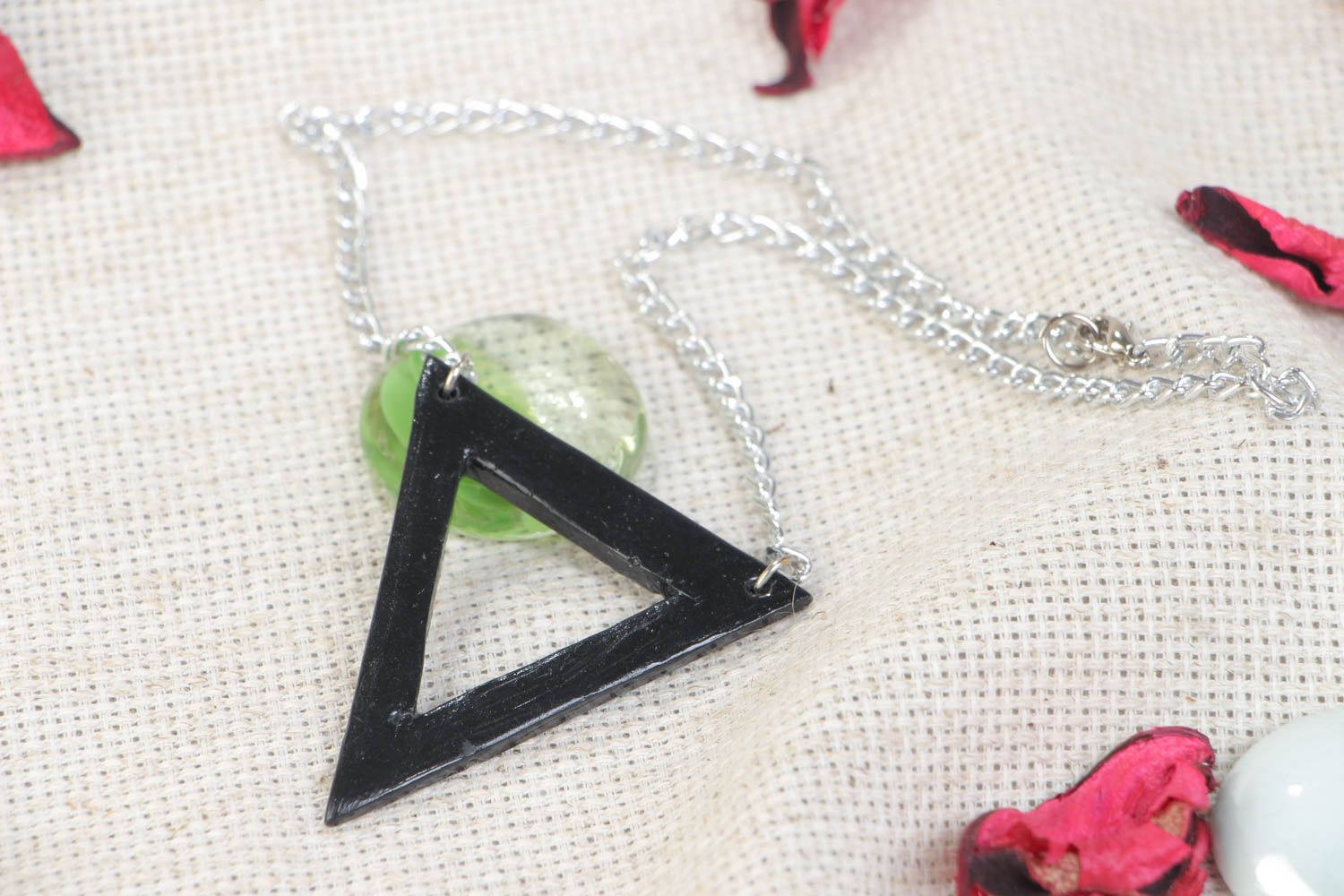 Handmade triangle self-hardening clay neck pendant with chain photo 1