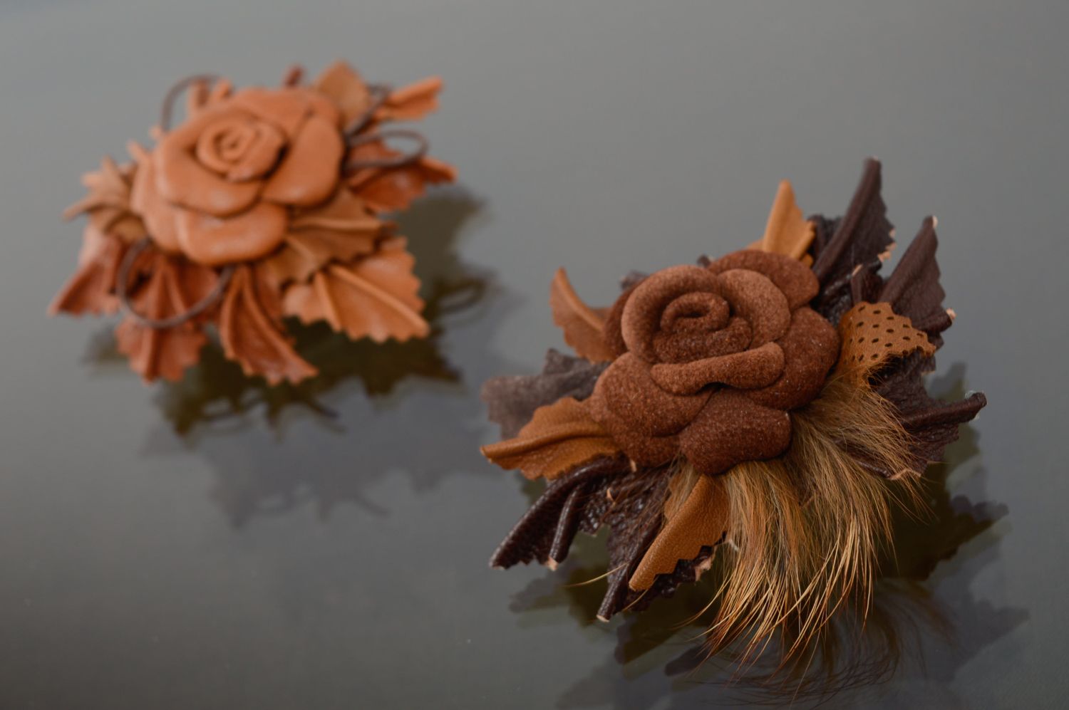 Handmade leather flower brooch-hair clip photo 5