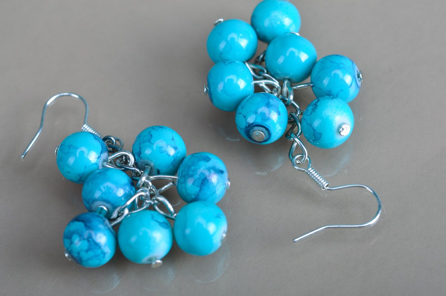 Handmade designer painted ceramic bead earrings in blue color palette photo 5