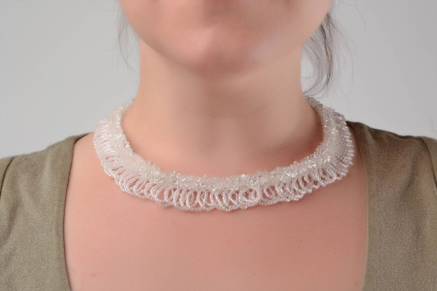 Unusual handmade designer white necklace woven of Czech beads   photo 1