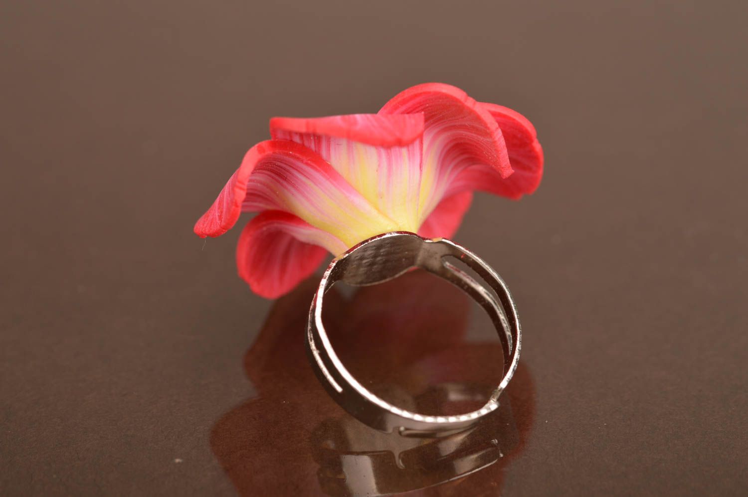 Handmade designer women's seal ring with bright pink polymer clay volume flower photo 4