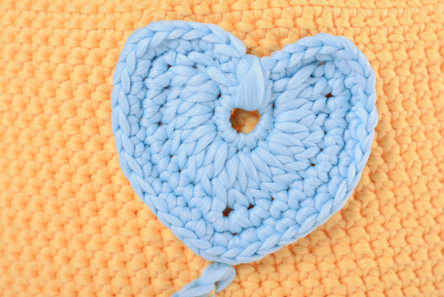 Handmade decorative small orange crochet basket with blue heart decor and handles photo 2