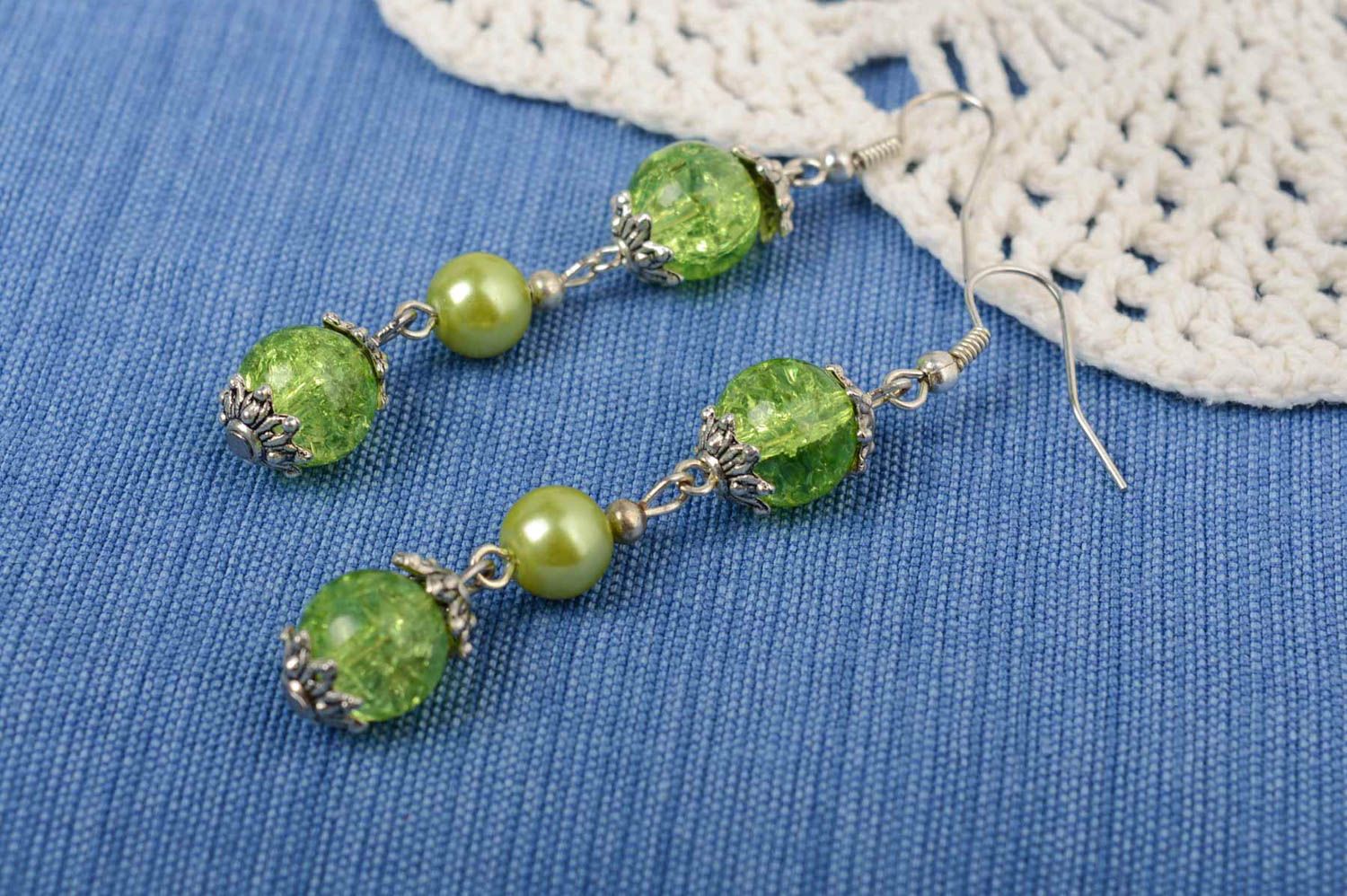 Handmade long dangle earrings with green glass beads and ceramic pearls photo 1