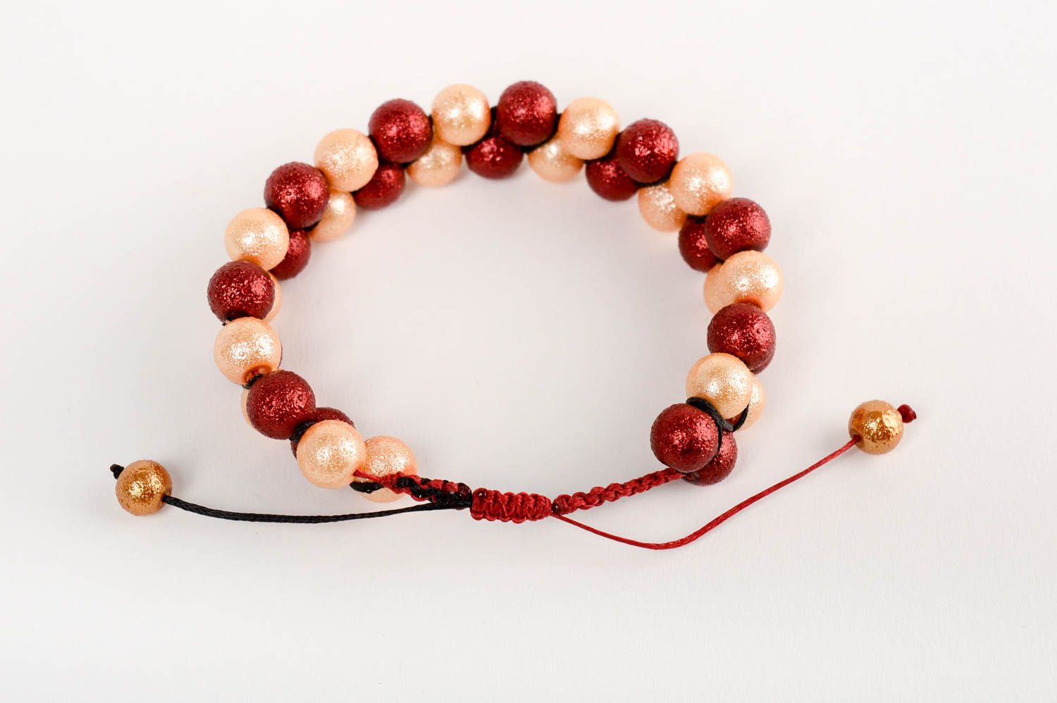 Bracelet 2 rangs tressé en macramé perles céramiques fait main rouge beige photo 3