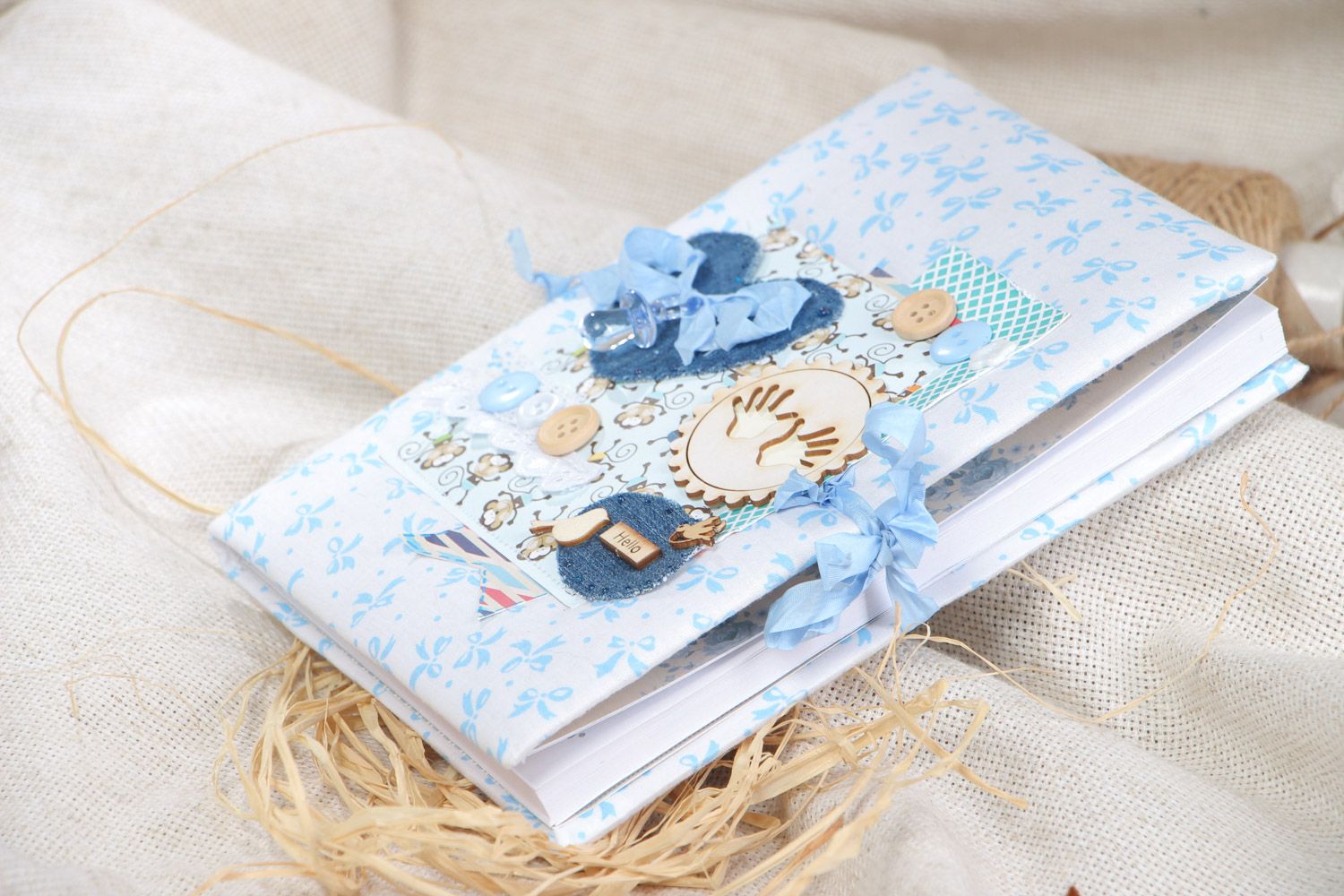 Handmade scrapbooking notebook with fabric cover of blue color photo 1