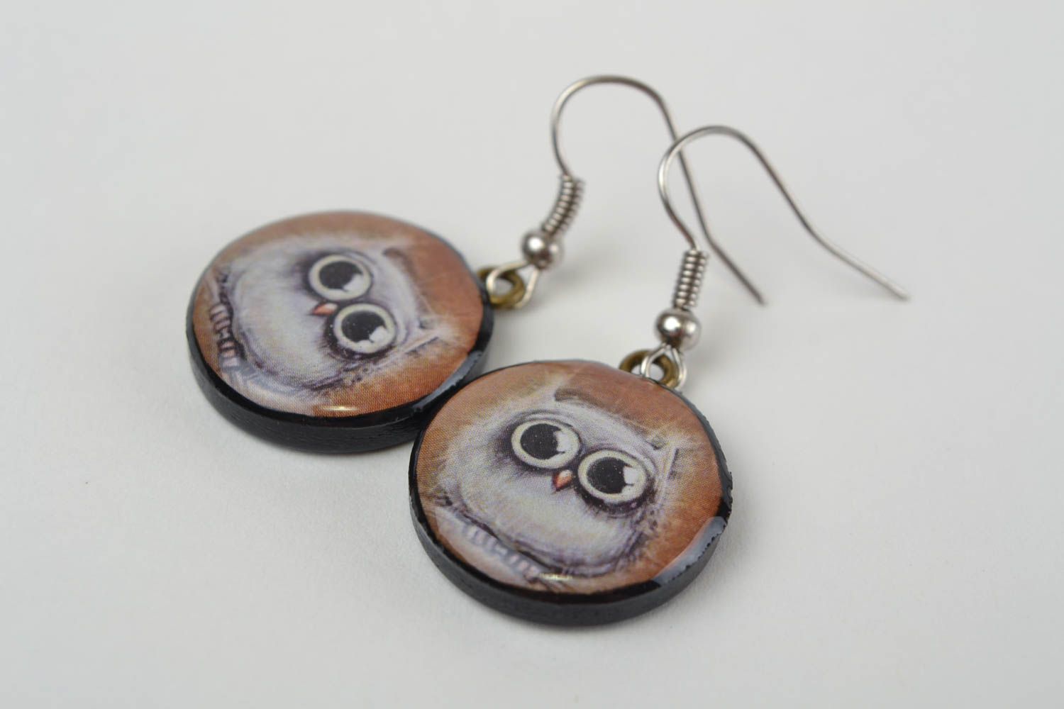 Beautiful homemade designer round polymer clay earrings with decoupage photo 4