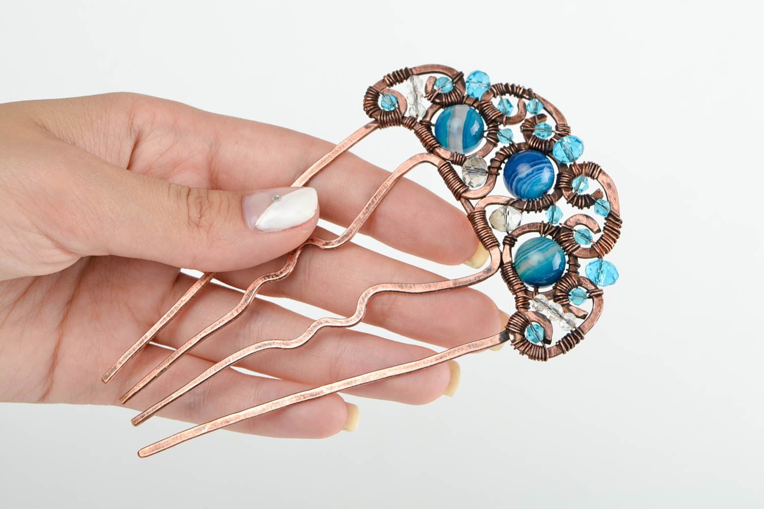 Handmade Haarspange mit Perlen in Blau Kupfer Schmuck Accessoire für Haare foto 2