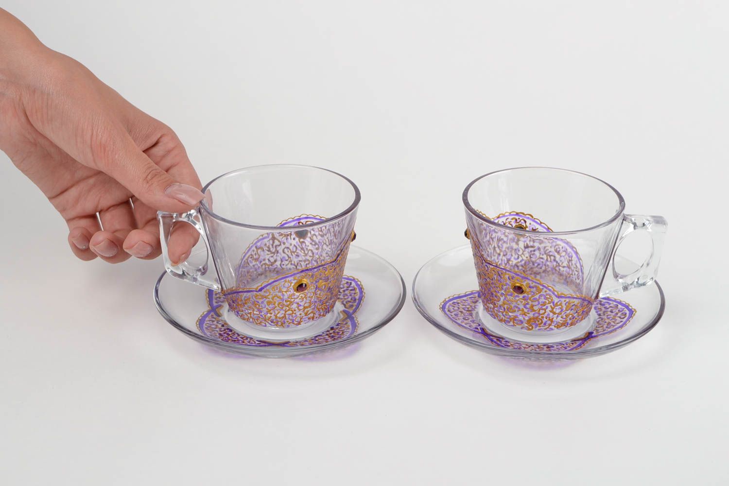 Clear glass two tea cups with square handle and purple and gold hand-painted pattern photo 2