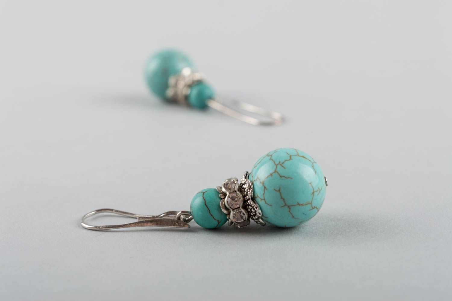 Unusual handmade designer brass earrings with natural turquoise stone beads photo 5