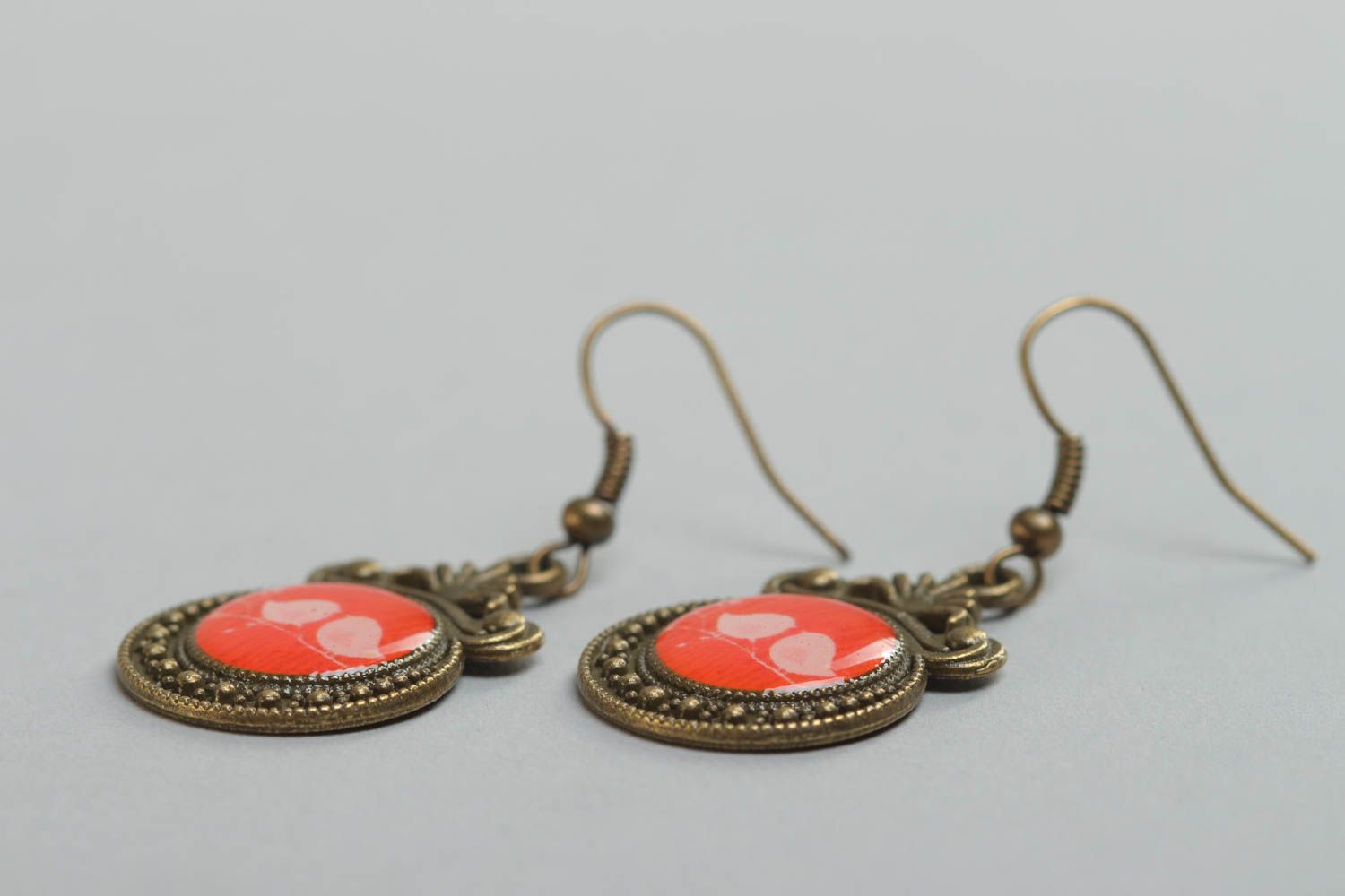 Handcrafted long red earrings in vintage style made of glass glaze photo 3