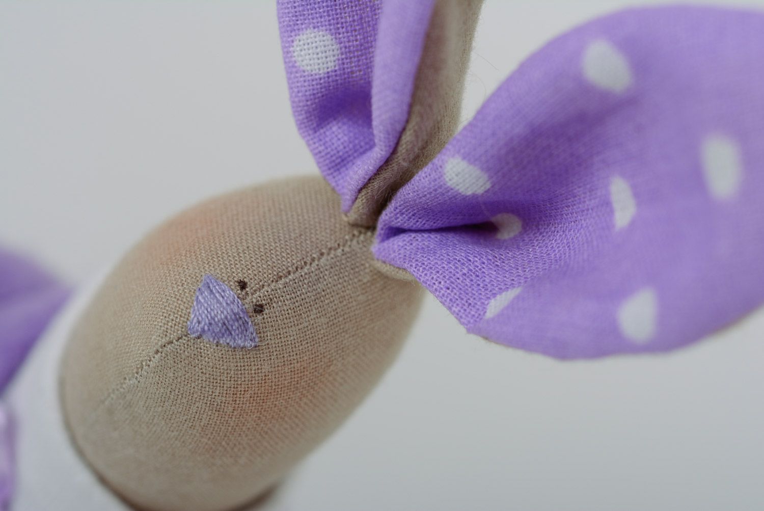 Cute handmade designer soft toy sewn of fabric Rabbit with violet ears  photo 2