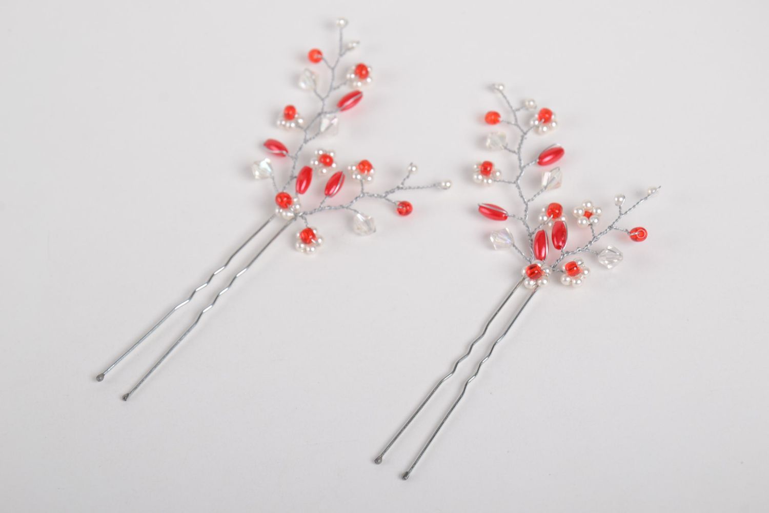 Rote Blumen Haarnadeln mit Blättern Set handgemachter Schmuck Haar Accessoires foto 3