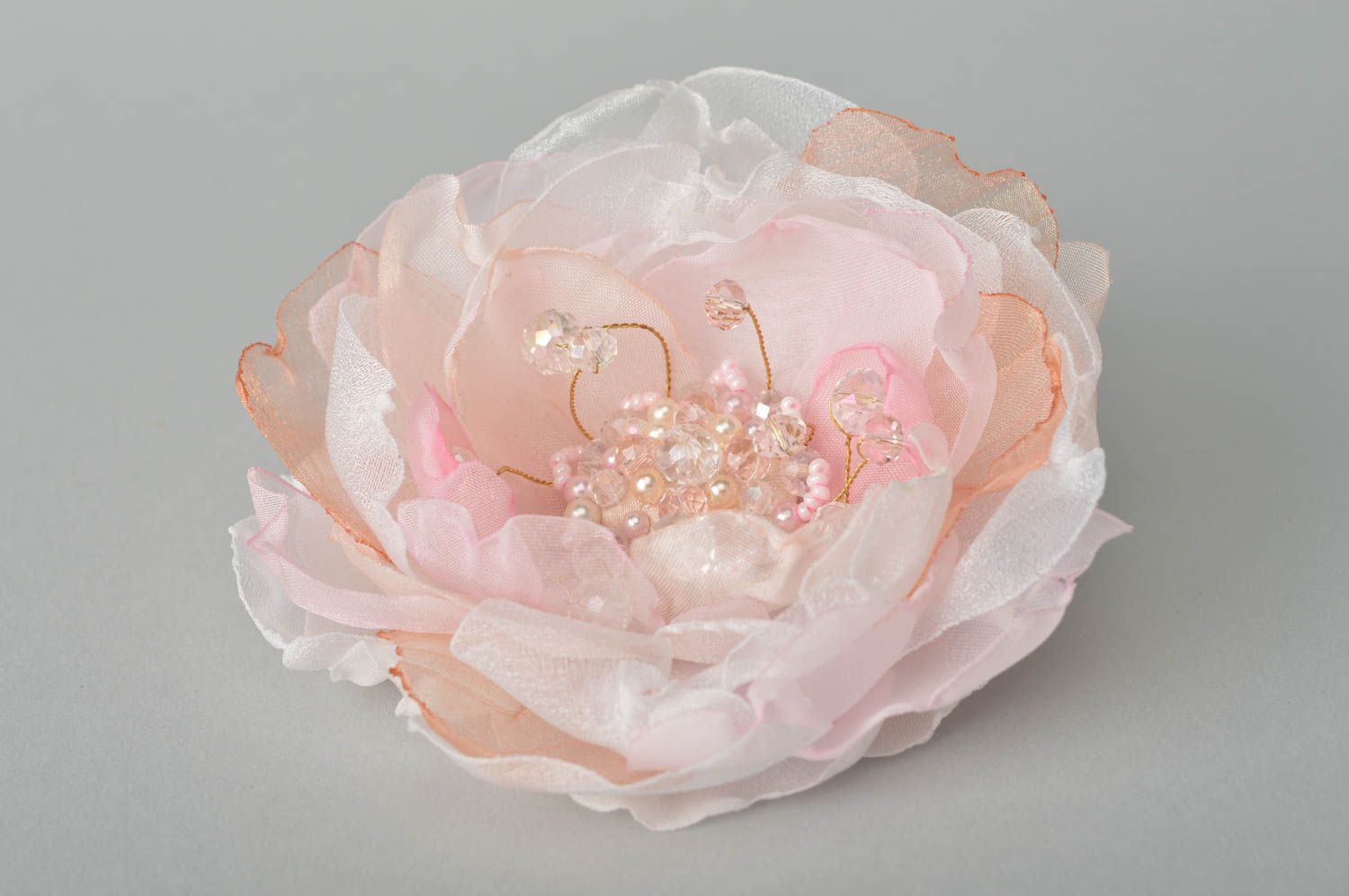 Handmade Haarspange Blume große Brosche Damen Modeschmuck weiß rosa aus Seide foto 2