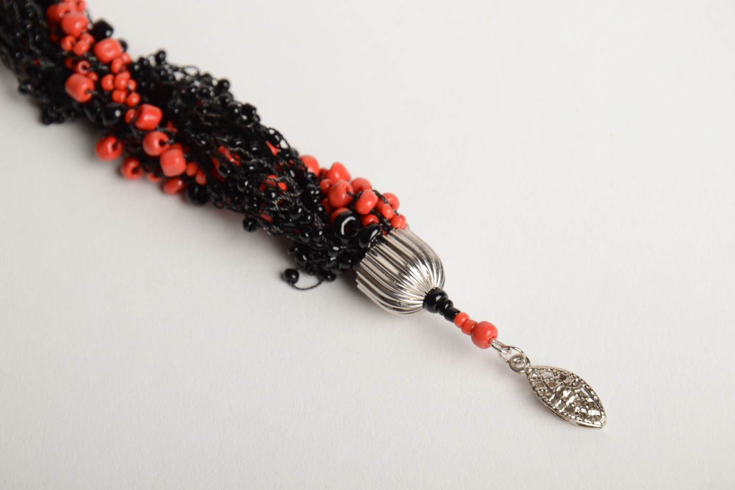 Handmade designer women's wrist bracelet woven of black and red Czech seed beads photo 5