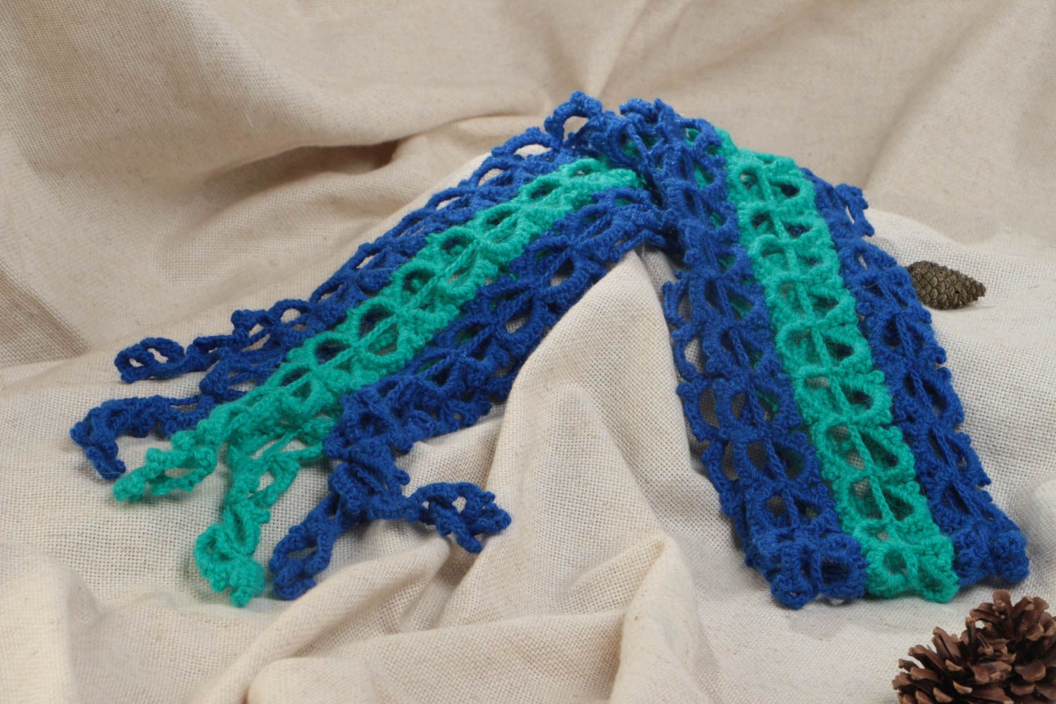 Beautiful stylish handmade long crochet scarf of blue and turquoise colors photo 1