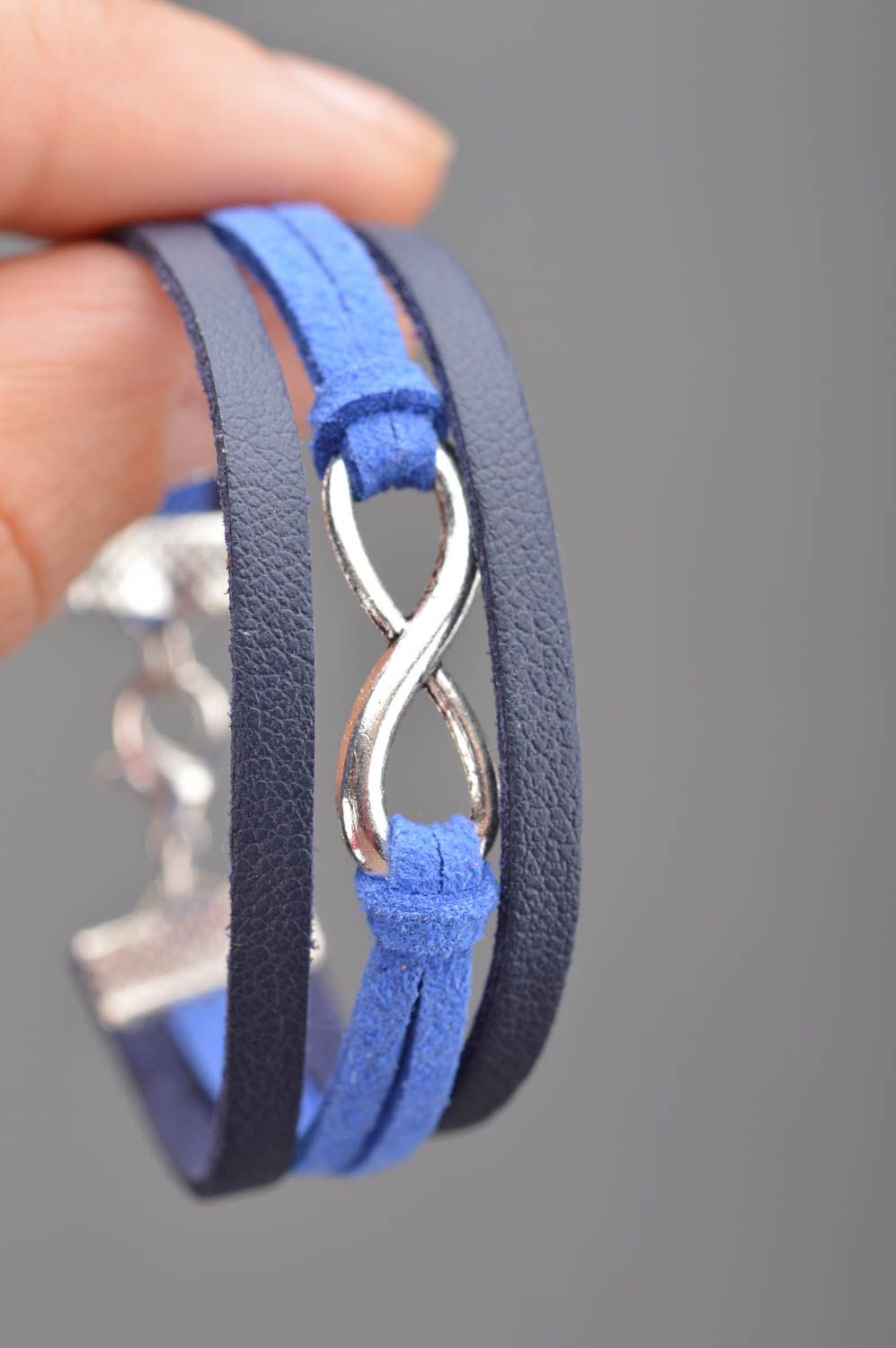 Genuine leather bracelet with insert handmade suede blue summer accessory photo 2