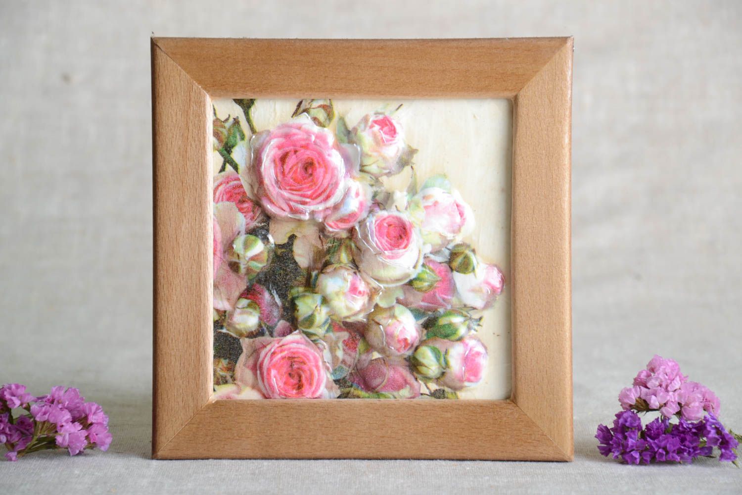 Petit Tableau carré fait main avec fleurs roses Décoration maison design photo 1
