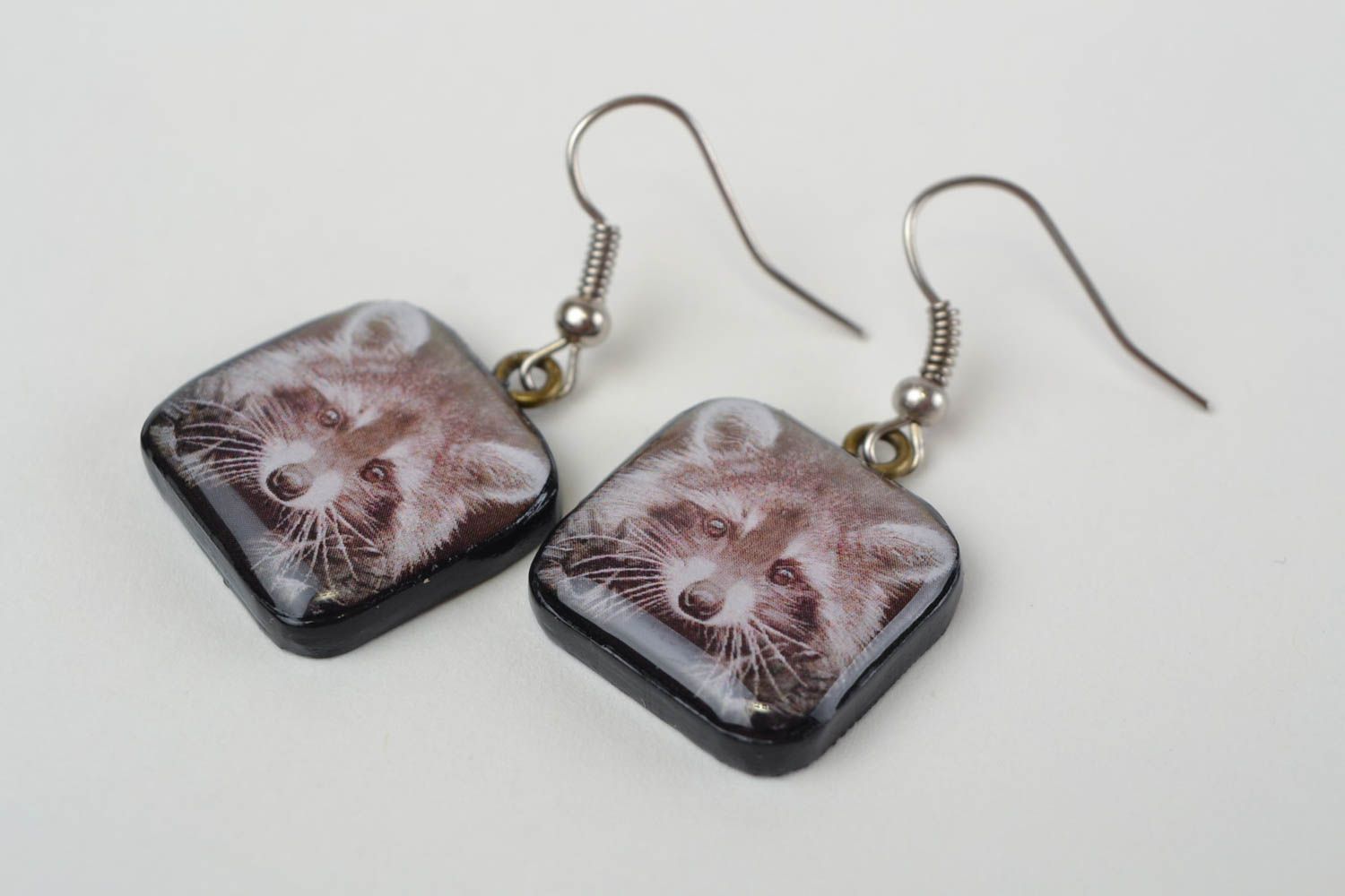 Beautiful handmade square polymer clay earrings with decoupage Raccoons photo 4