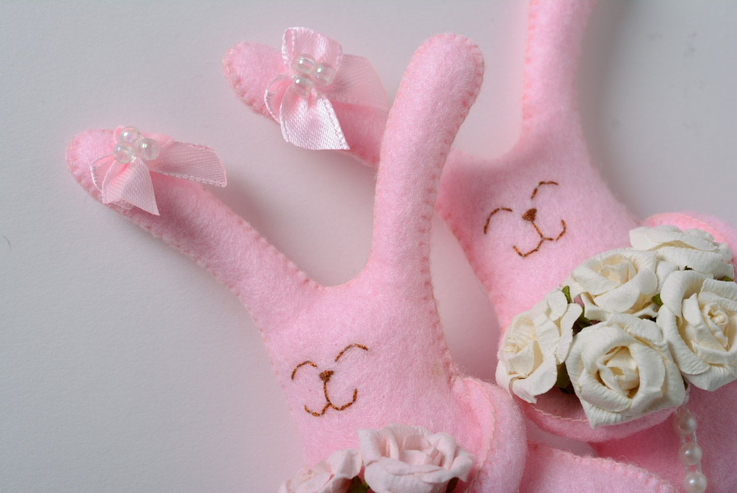 Handmade designer small soft toy bunnies in pink colors set of 2 pieces gift for baby photo 2