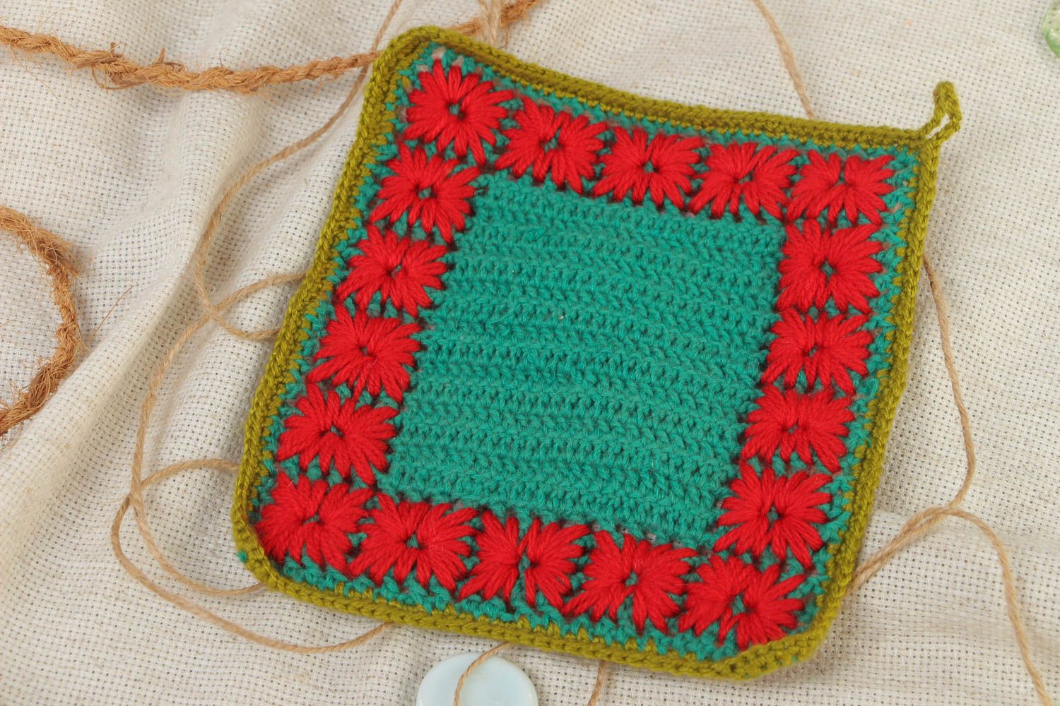 Handmade decorative green and red square napkin crocheted of acrylic threads photo 1