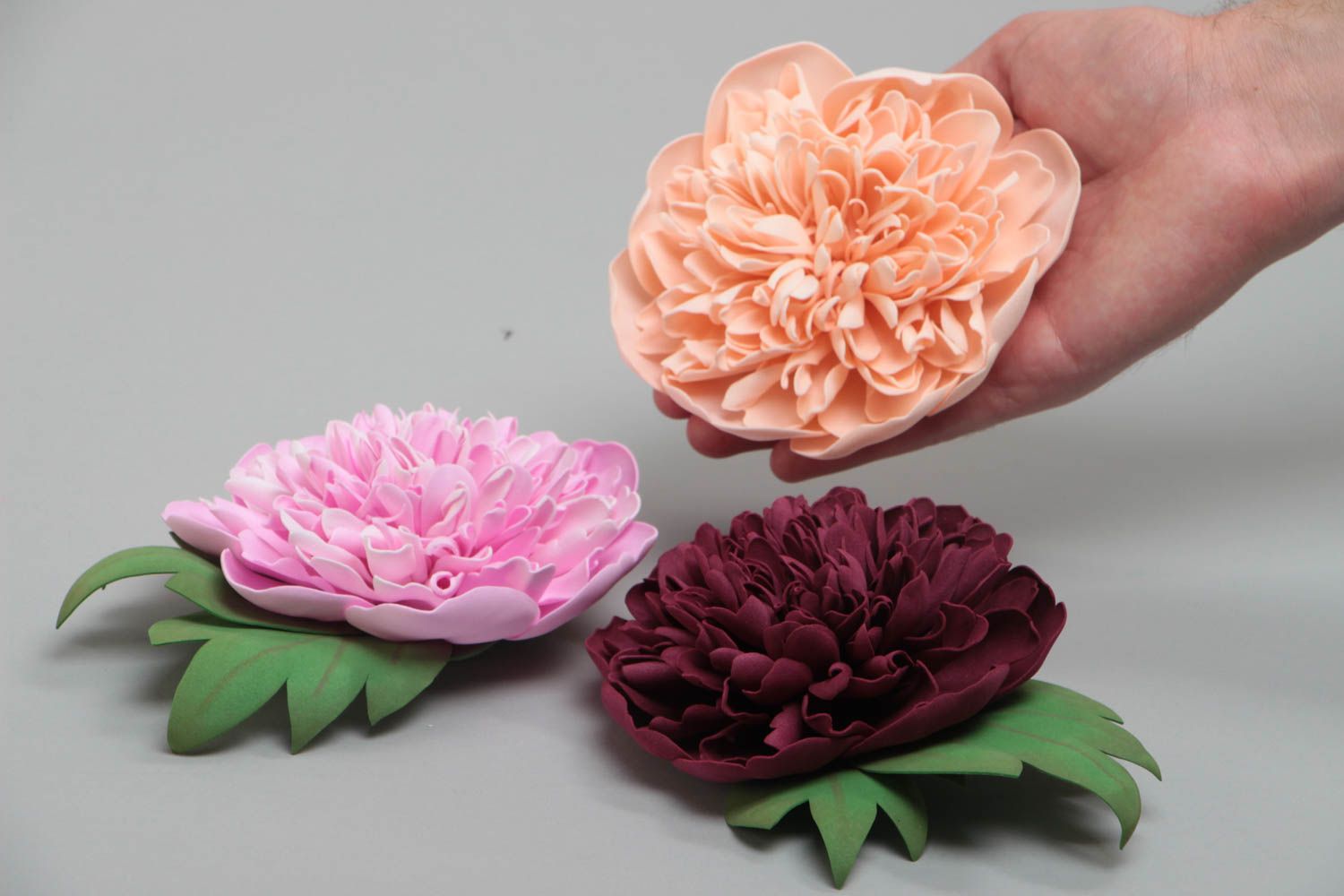 Set of 3 handmade designer brooches with volume large foamiran flowers photo 5