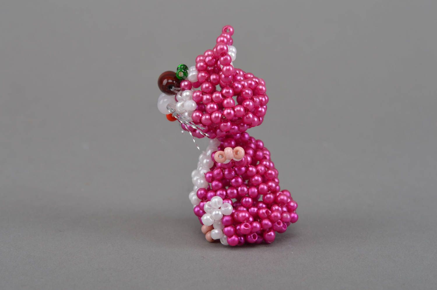 Unusual small handmade designer beaded statuette of cat of crimson color photo 2