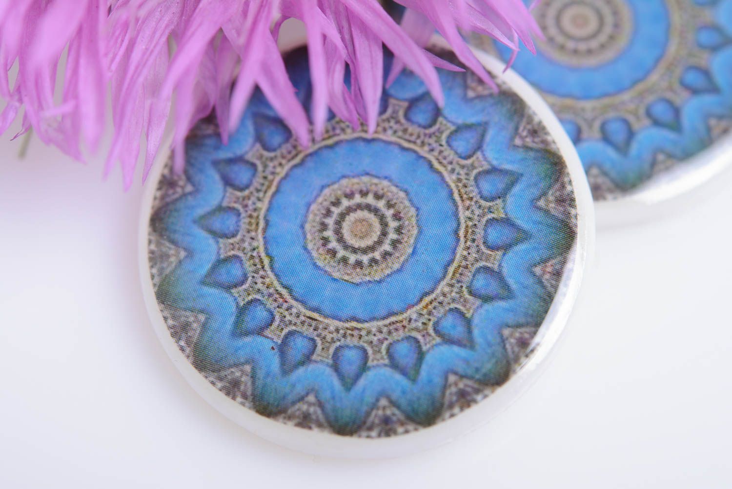 Runde Ohrringe aus Polymerton mit Anhängern Decoupage handmade für Mode Damen foto 2