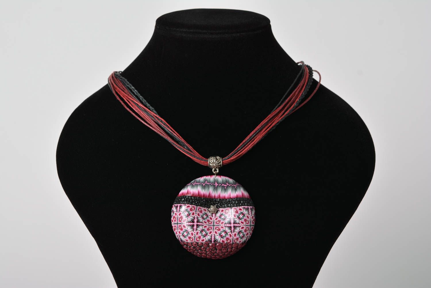 Beautiful bright handmade round polymer clay pendant necklace photo 1