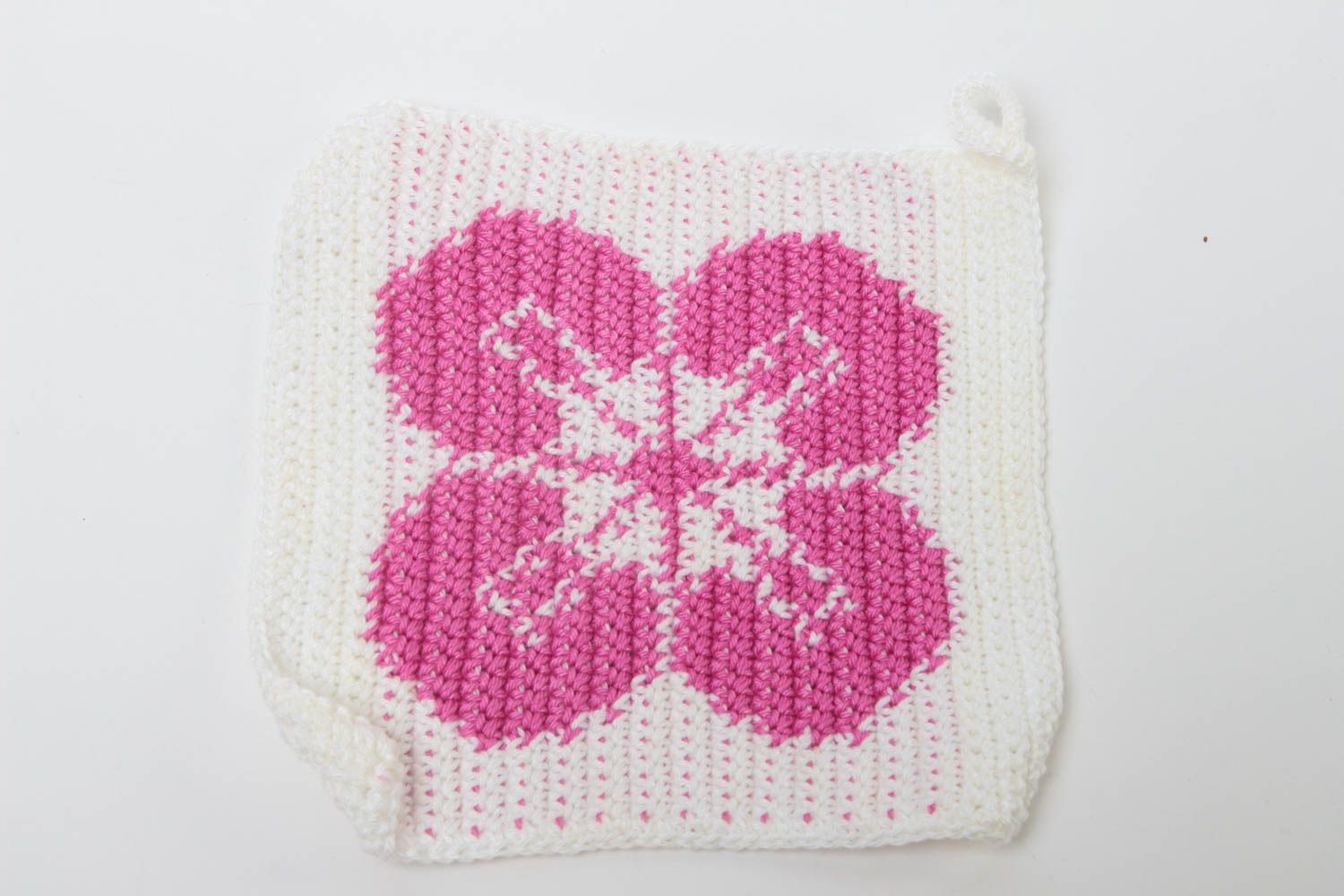 Handmade weißer Topflappen gehäkelt Küchen Textilien Haus Deko rosa Blume foto 2