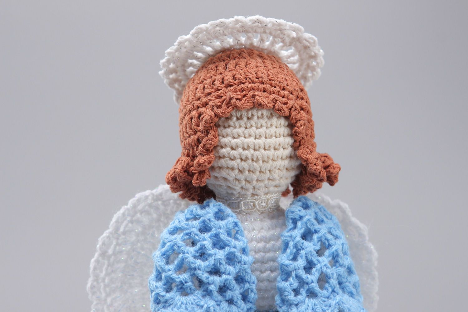 Handmade soft toy angel crocheted of white and blue cotton and acrylic threads photo 2