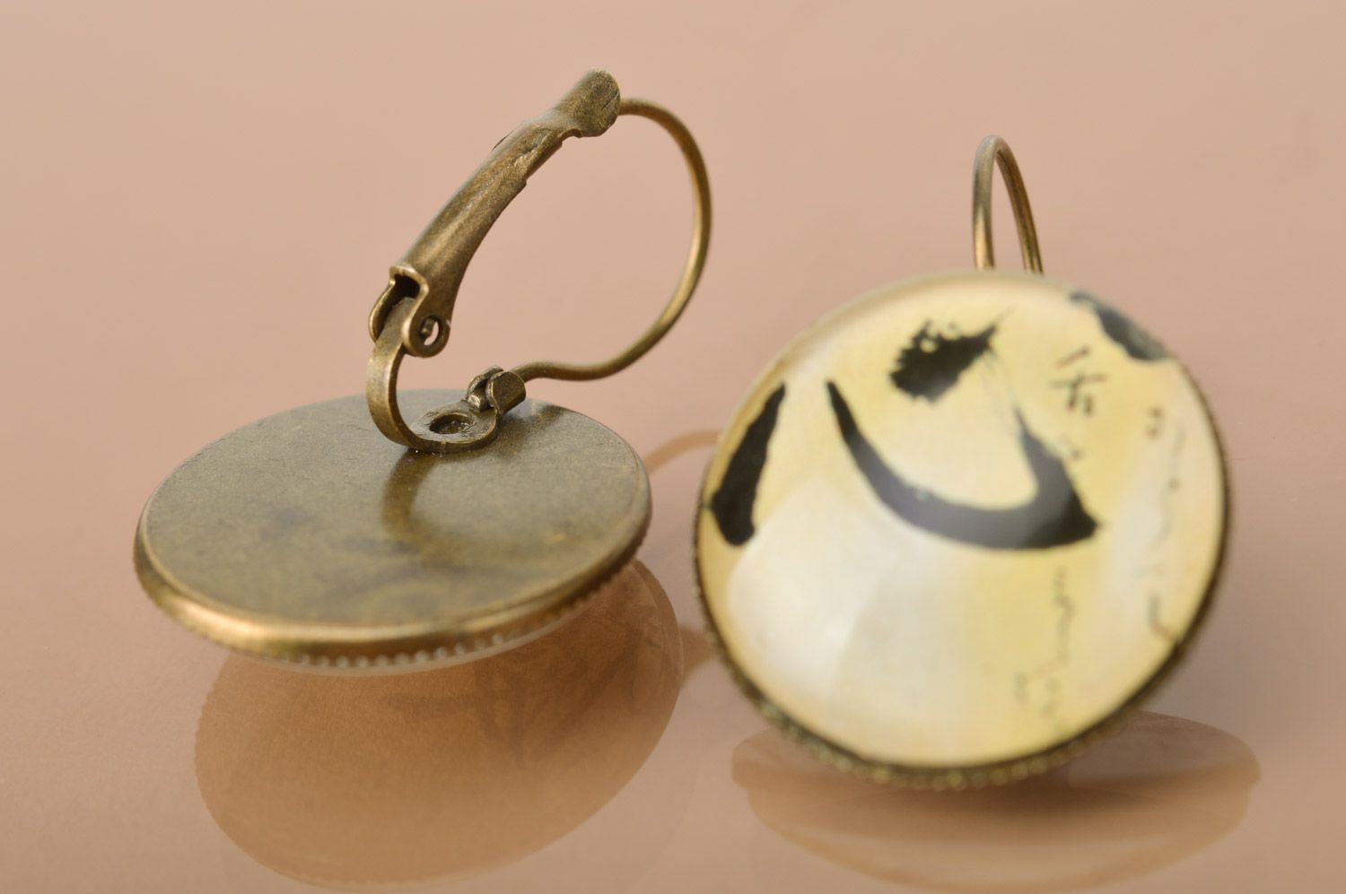 Handmade designer metal dangle earrings of round shape with print Hieroglyphs   photo 4