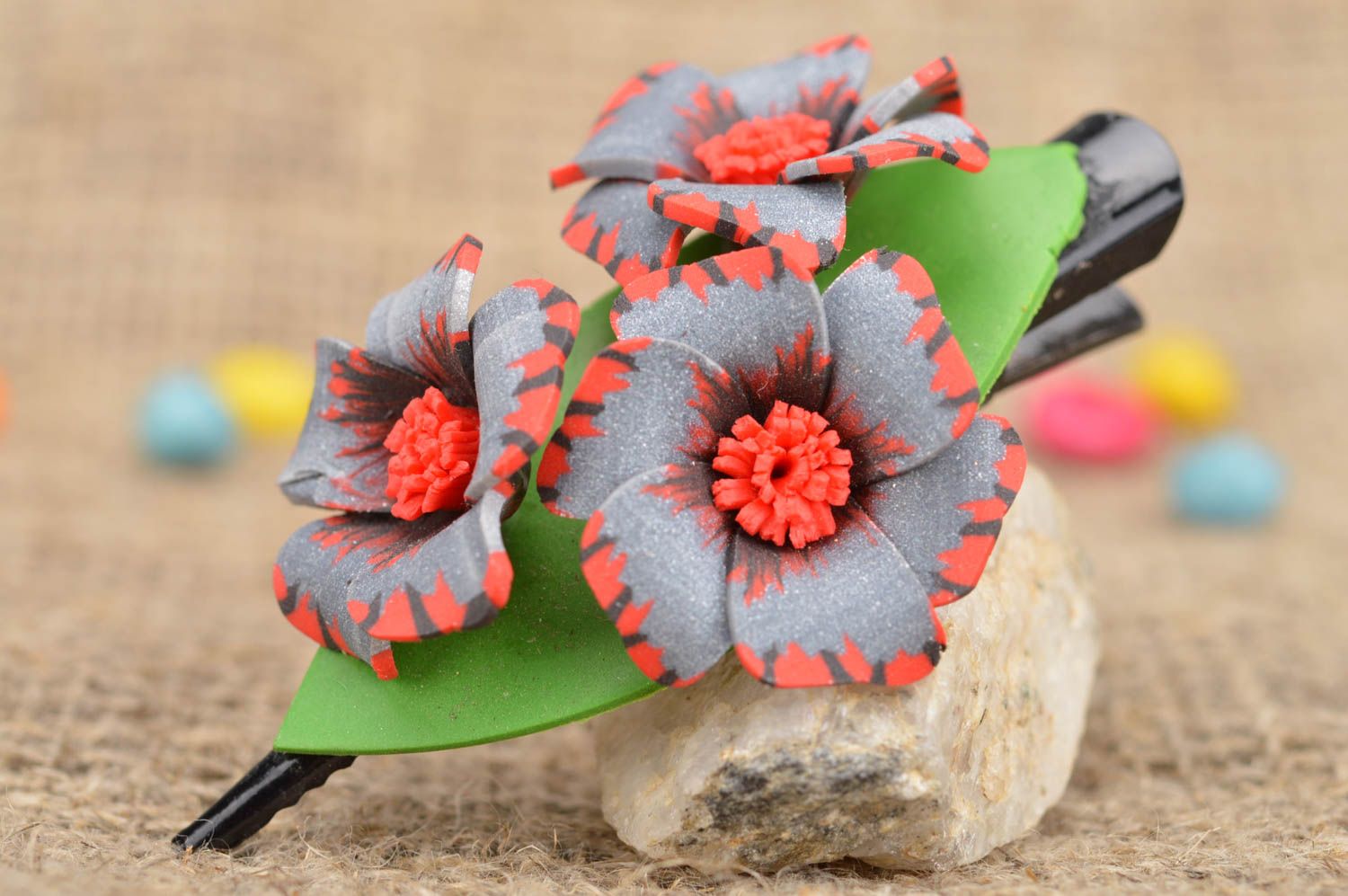 Handmade grey with red and green hair clip with flowers made of polymer clay photo 1