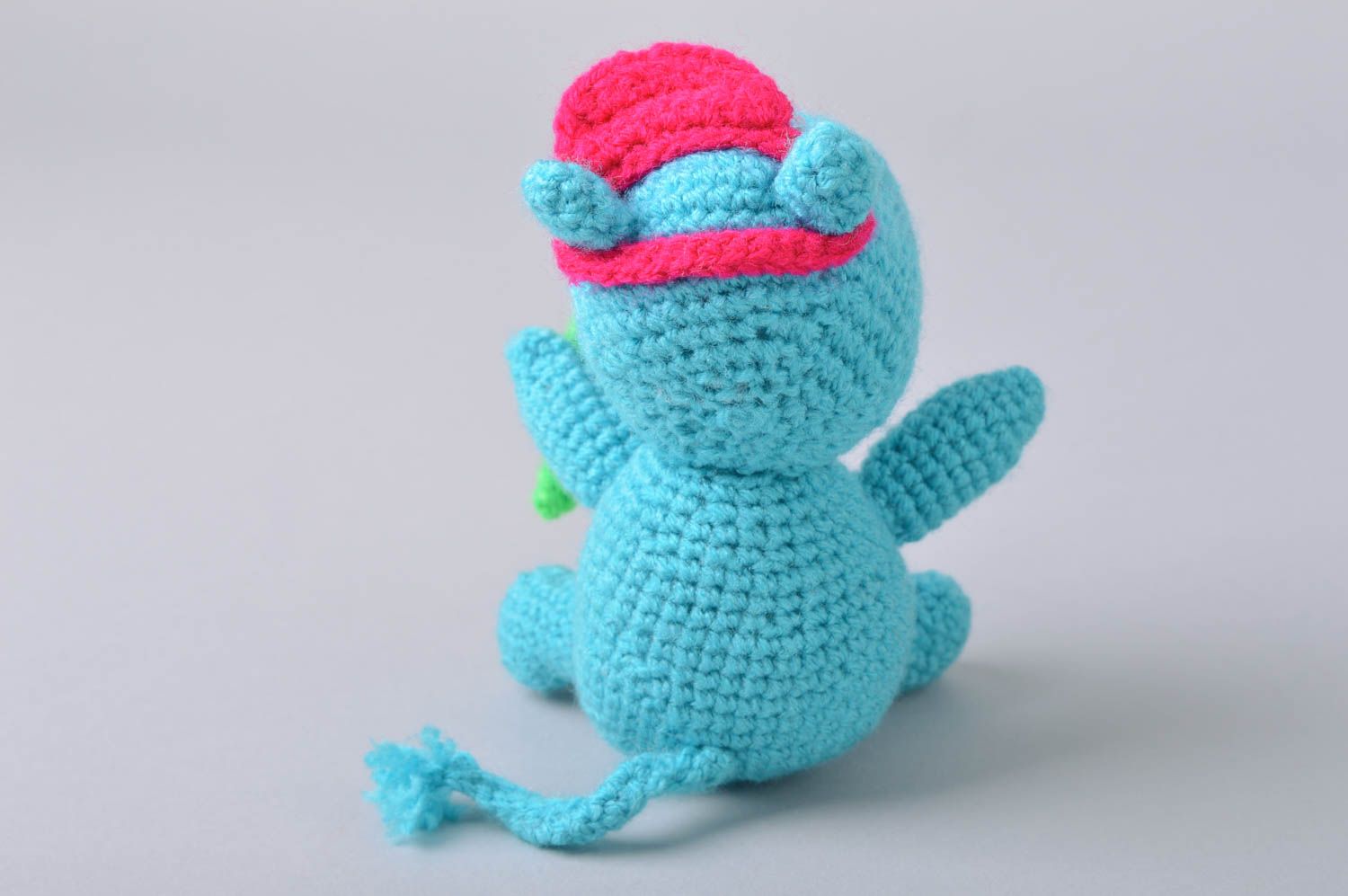 Handmade small designer funny crocheted soft toy blue hippo in hat with flower photo 4