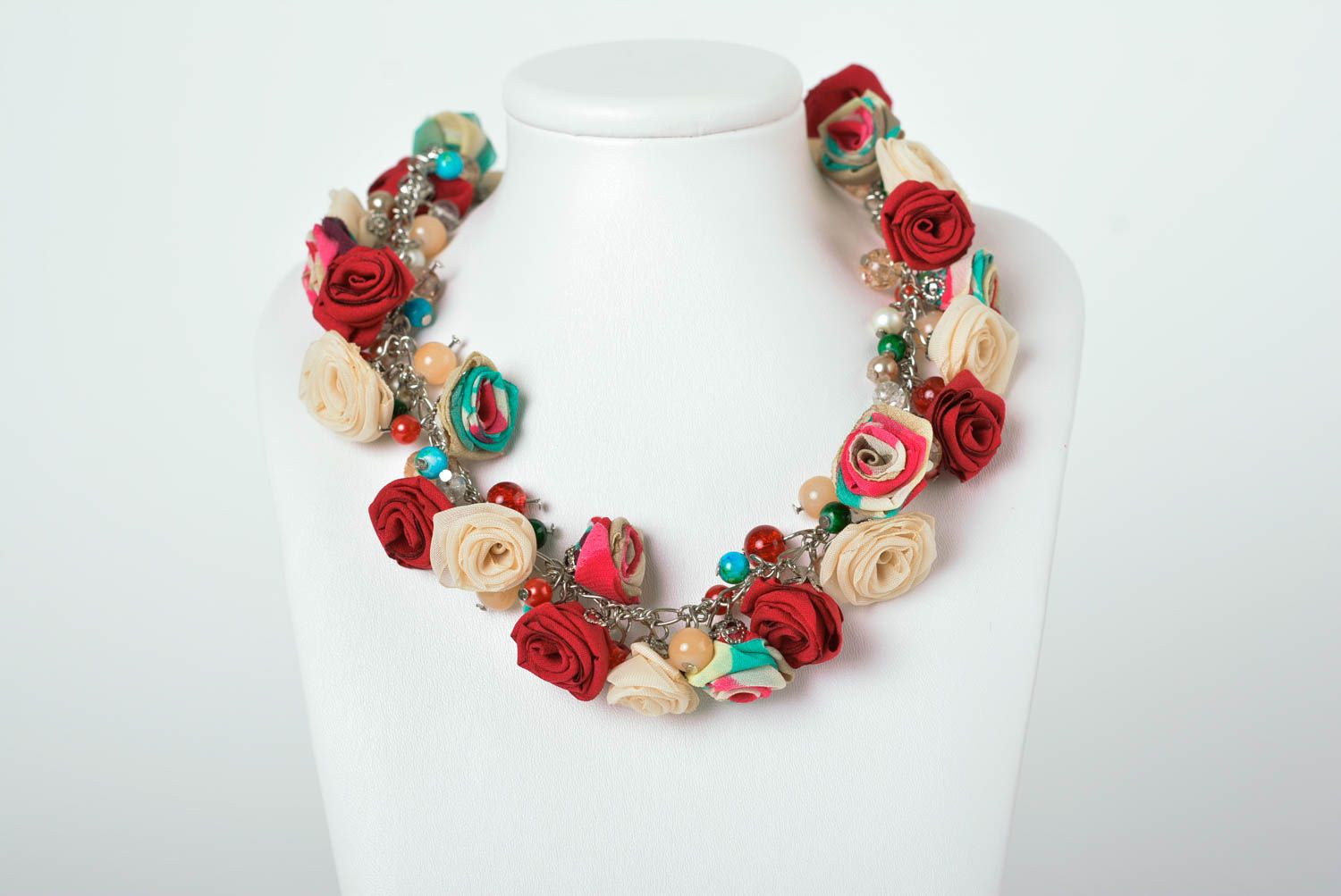 Handmade textile necklace unusual flower necklace beaded elegant accessory photo 3