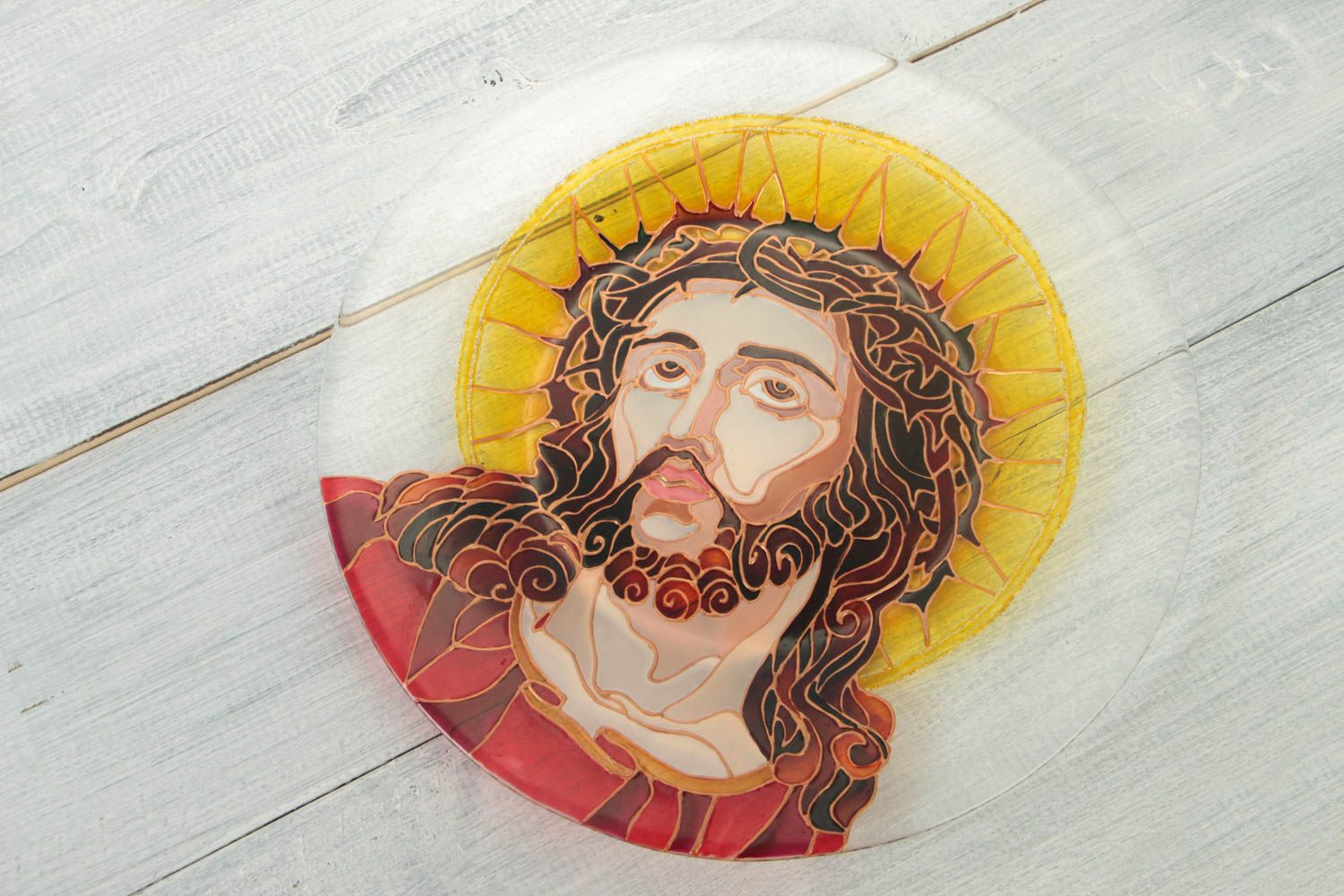 Стеклянная декоративная тарелка с росписью витражными красками с иконой фото 1