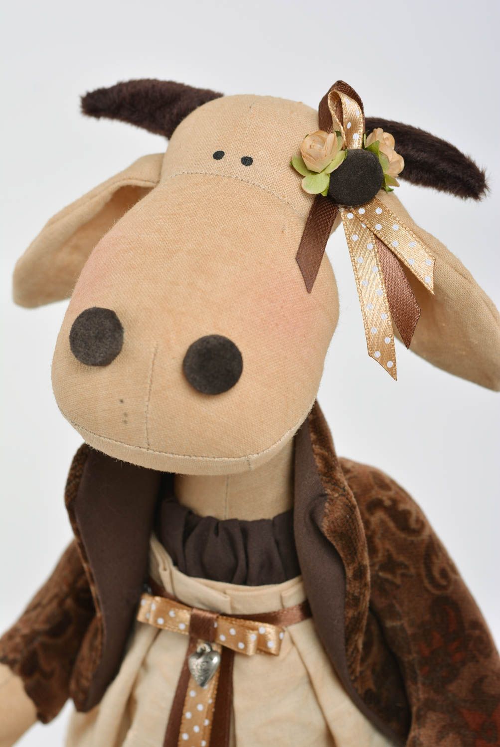 Children's handmade linen and synthetic fabric soft toy cow in beautiful dress photo 2