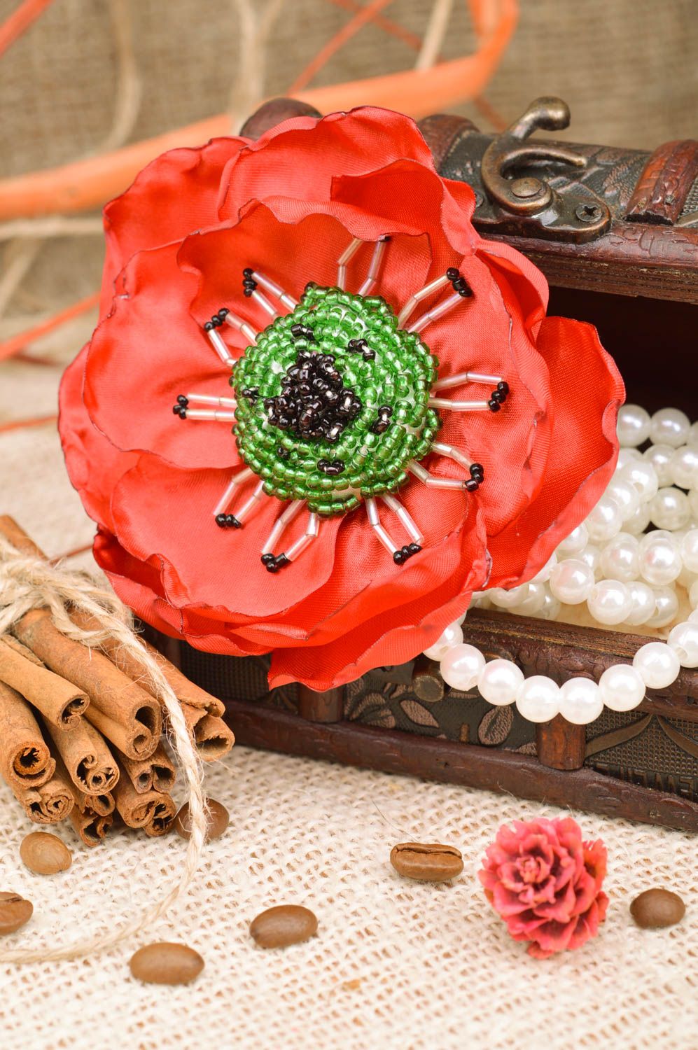 Handmade hair clip brooch with fabric flower embroidered with beads red poppy photo 1