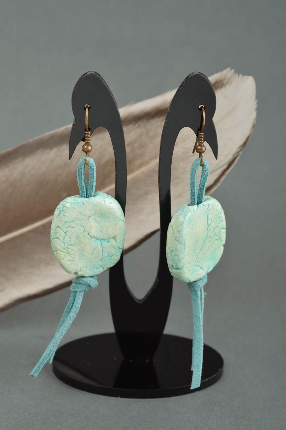 Beautiful handmade leather earrings long plastic earrings artisan jewelry photo 2