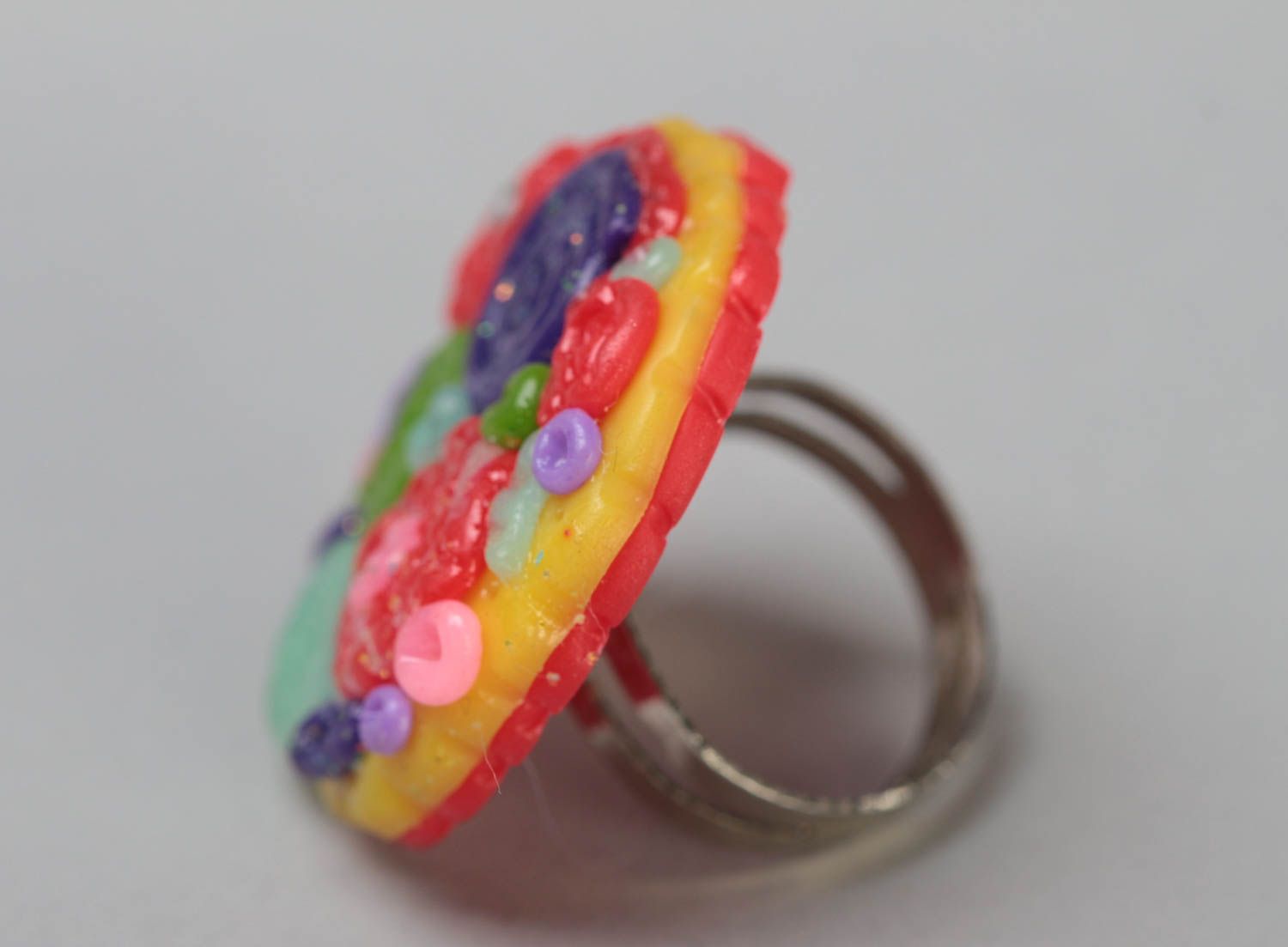 Handmade massive jewelry ring with colorful polymer clay top and metal basis photo 3